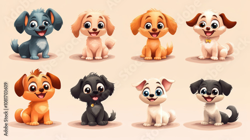 A collection of cute cartoon dogs with winking eyes. They have fluffy fur and bright colors, perfect for kids!