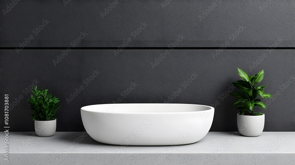 A modern bathroom featuring a sleek white sink, potted plants, and a minimalist black backdrop. Bathroom, Hygiene, Sparkle Concept A modern bathroom featuring a sleek white sink, potted plants, and a minimalist black backdrop. Bathroom, Hygiene, Sparkle Concept