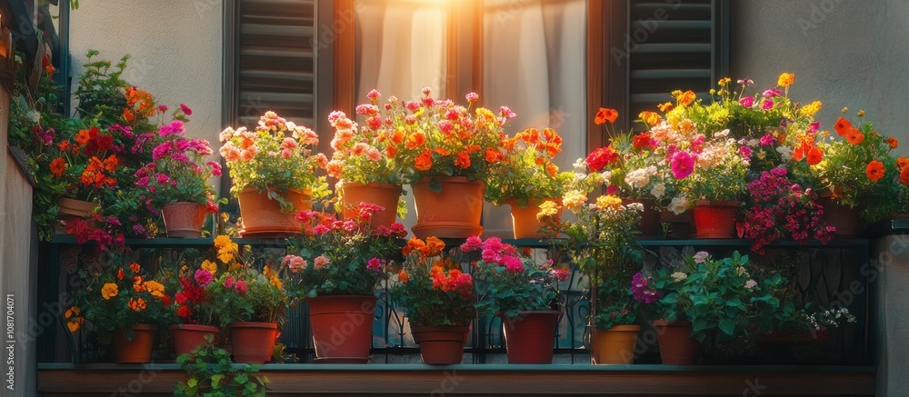 Naklejka premium A balcony overflowing with colorful flowers in terracotta pots.