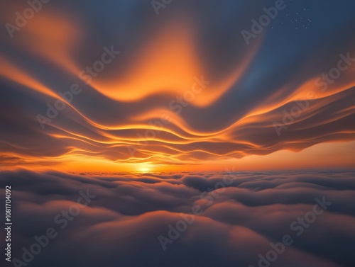 A breathtaking sunset over a sea of clouds, showcasing vibrant colors and dramatic cloud formations.