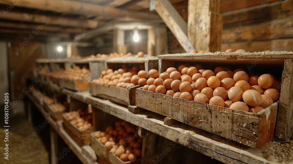 Fresh brown eggs in wooden crates on shelves in a rustic barn. Fresh brown eggs in wooden crates on shelves in a rustic barn.