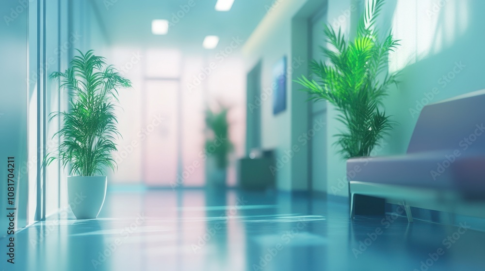 Empty hallway with a couch and plants. Perfect for illustrating a healthcare, waiting room, or minimalist office. Empty hallway with a couch and plants. Perfect for illustrating a healthcare, waiting room, or minimalist office.