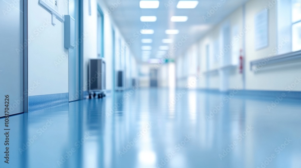 Empty hospital hallway with blue floor. The photo can be used to represent healthcare, cleanliness, and sterile environments. Empty hospital hallway with blue floor. The photo can be used to represent healthcare, cleanliness, and sterile environments.