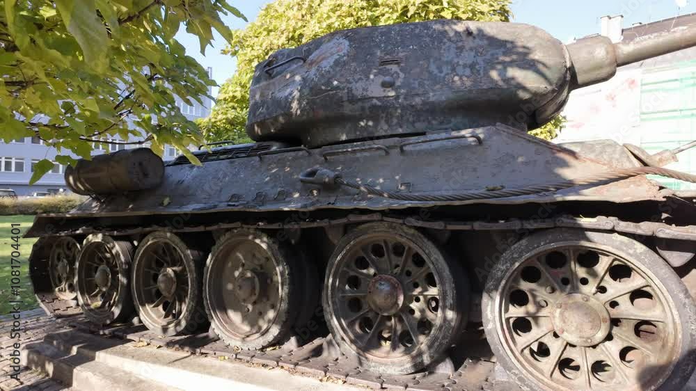 View of soviet T-34 tank, world war II, artillery gun on armored turret, offensive strategy on battlefield - 4K View of soviet T-34 tank, world war II, artillery gun on armored turret, offensive strategy on battlefield - 4K