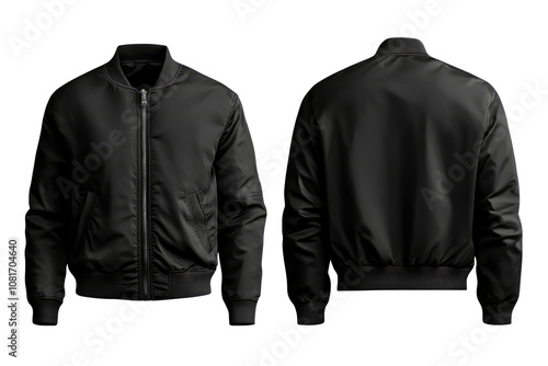 stylish black bomber jacket for your mockup, front and back view. transparent background