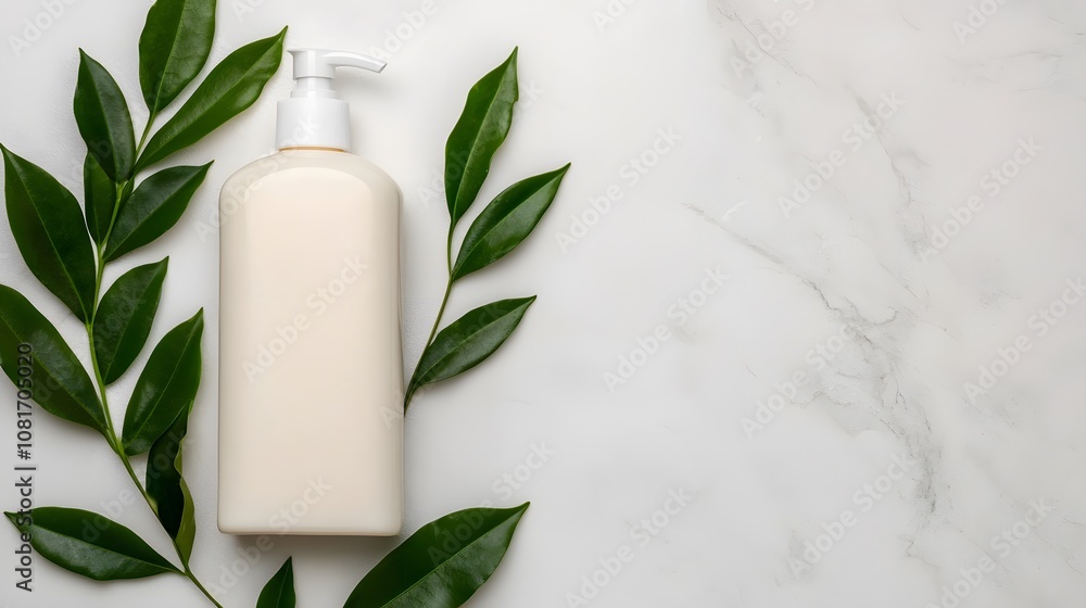 A Minimalist Arrangement of a Lotion Bottle and Green Leaves on a Clean Marble Surface. Bathroom, Hygiene, Sparkle Concept A Minimalist Arrangement of a Lotion Bottle and Green Leaves on a Clean Marble Surface. Bathroom, Hygiene, Sparkle Concept