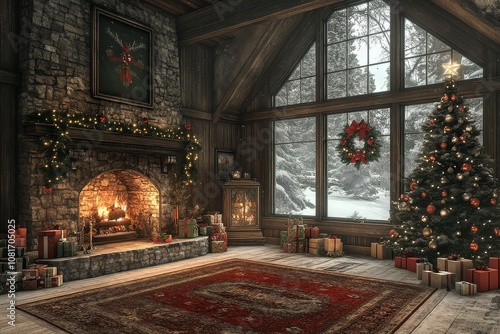 Living room with stone fireplace, Christmas tree, and presents, featuring a large window with snow outside. Vintage style, hyper-realistic holiday scene.