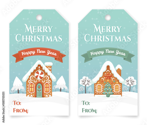 Set of decorative Christmas labels with cute hand drawn gingerbread houses. New year gift box tag cards collection. Winter holidays paper present postcard. Snowy sky background. Vector illustration.