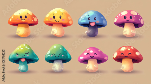 A set of cute cartoon mushrooms with happy faces and winking eyes. They have bright colors and are perfect for kids' illustrations or wallpaper.