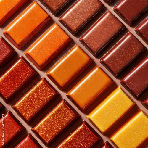 A vibrant array of nail polish colors in warm tones.