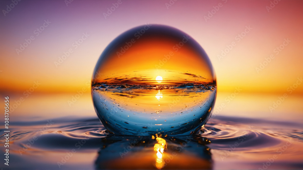 Sunset mirrored in spherical water drop tiny world effect miniature orange sky imaginative alternate reality Sunset mirrored in spherical water drop tiny world effect miniature orange sky imaginative alternate reality