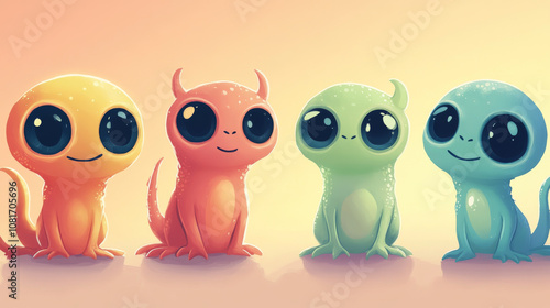 A collection of cute alien monster characters with big eyes and silly faces. They're drawn in bright, pastel colors and would be perfect for kids' wallpapers or illustrations.