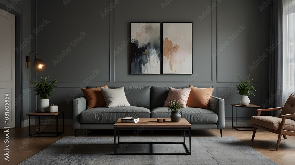 Stylish living room with comfortable sofa near grey wall. Interior design and matching color palette. Stylish living room with comfortable sofa near grey wall. Interior design and matching color palette.
