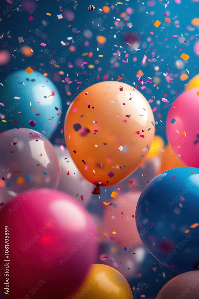 Colorful balloons floating with confetti falling in a festive celebration