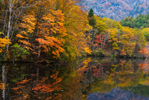 水面に紅葉が写り込んだ戸隠鏡池 photo