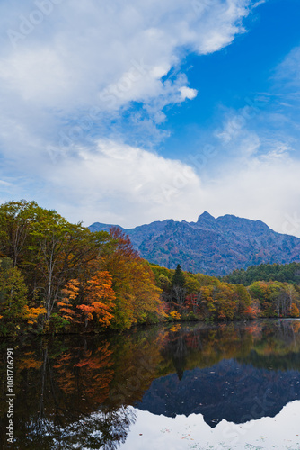 秋の紅葉に染まる早朝の戸隠高原の鏡池