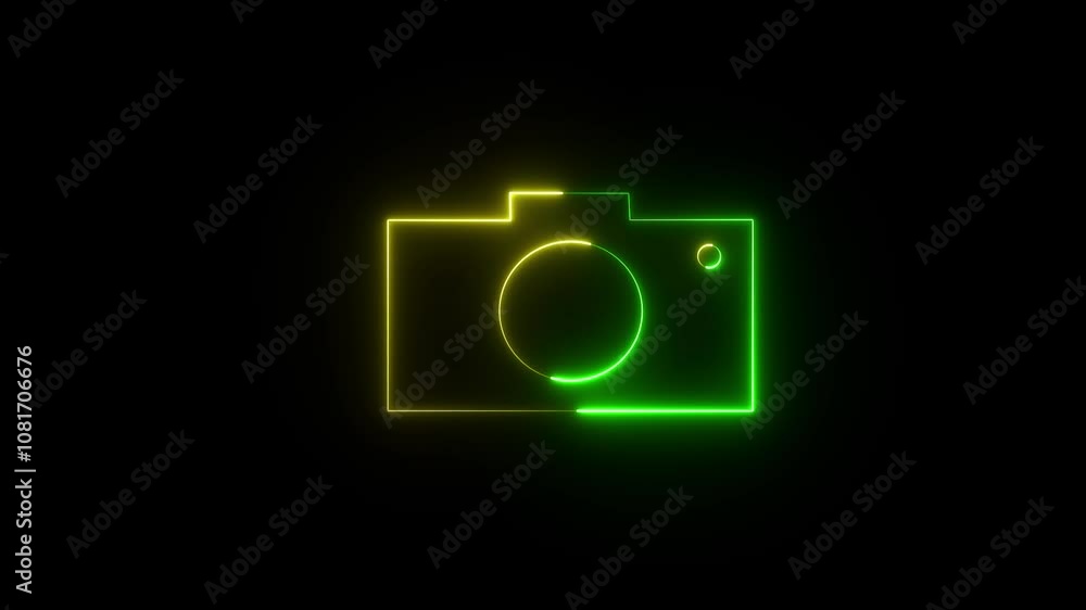 Light glowing neon yellow and green color camera animation icon camera frame pictogram photograph animated on black background.