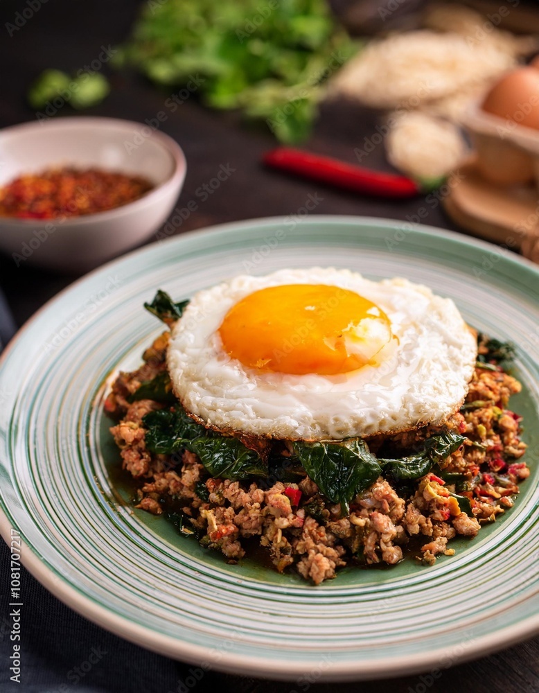 Phat Kaphrao Stir-Fried Minced Pork with Holy Basil and Fried Egg, Served in a Street Food Style Setting with Bold Flavors and a Casual Thai Vibe Phat Kaphrao Stir-Fried Minced Pork with Holy Basil and Fried Egg, Served in a Street Food Style Setting with Bold Flavors and a Casual Thai Vibe