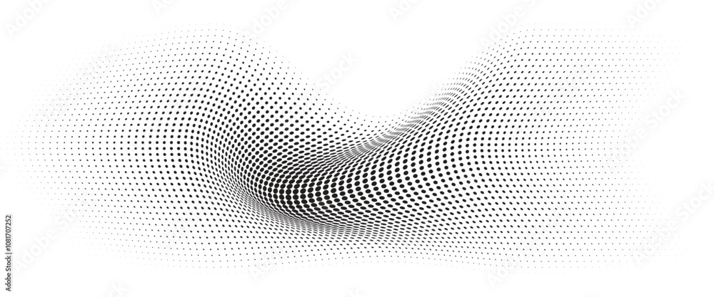 Flowing Wave Dot Halftone Pattern: Curve Gradient Shape on Transparent Background. Suitable for AI, Tech, Network, Digital, Science, and Technology Themes. Flowing Wave Dot Halftone Pattern: Curve Gradient Shape on Transparent Background. Suitable for AI, Tech, Network, Digital, Science, and Technology Themes.