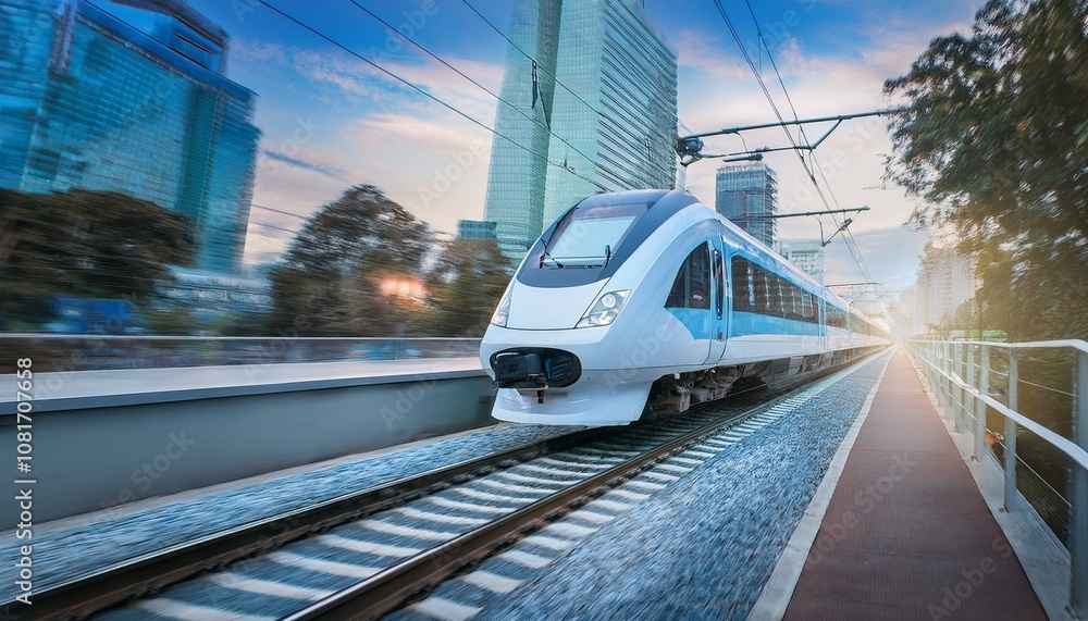 Fototapeta premium electric passenger train Drive at high speed amidst the urban landscape.