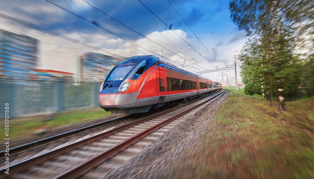 Fototapeta premium electric passenger train Drive at high speed amidst the urban landscape.