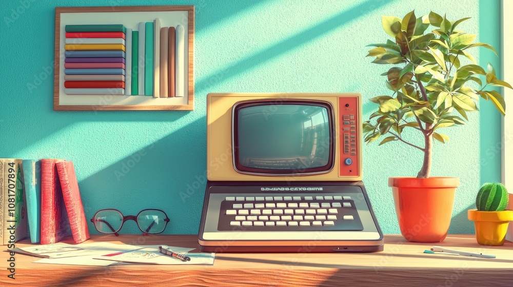 Fototapeta premium Retro computer on desk with plant, glasses and papers.