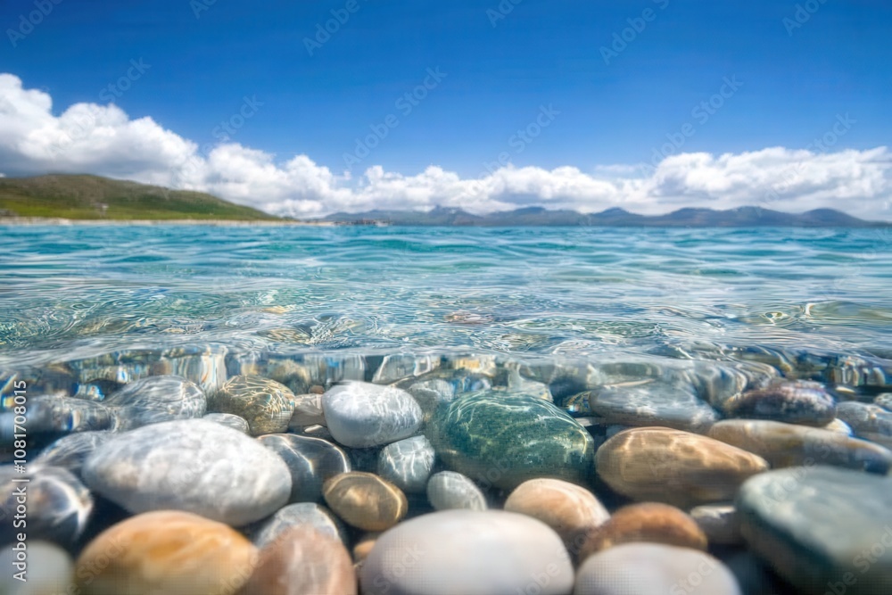 A serene view of clear water over smooth pebbles by the shore. A serene view of clear water over smooth pebbles by the shore.