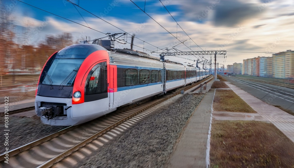 electric passenger train Drive at high speed amidst the urban landscape. electric passenger train Drive at high speed amidst the urban landscape.