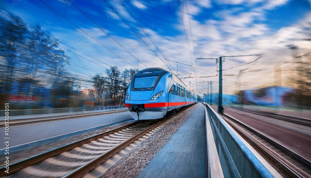 Fototapeta premium electric passenger train Drive at high speed amidst the urban landscape.