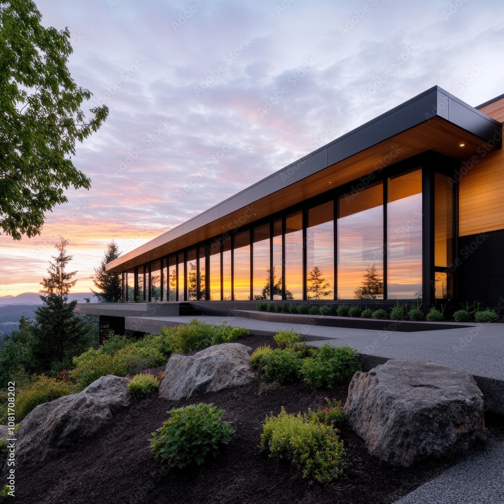 A modern architectural masterpiece with expansive glass windows overlooking a scenic sunset. A modern architectural masterpiece with expansive glass windows overlooking a scenic sunset.