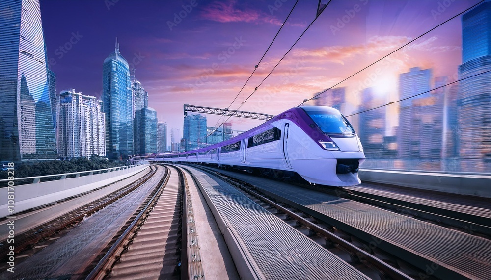 Naklejka premium electric passenger train Drive at high speed amidst the urban landscape.