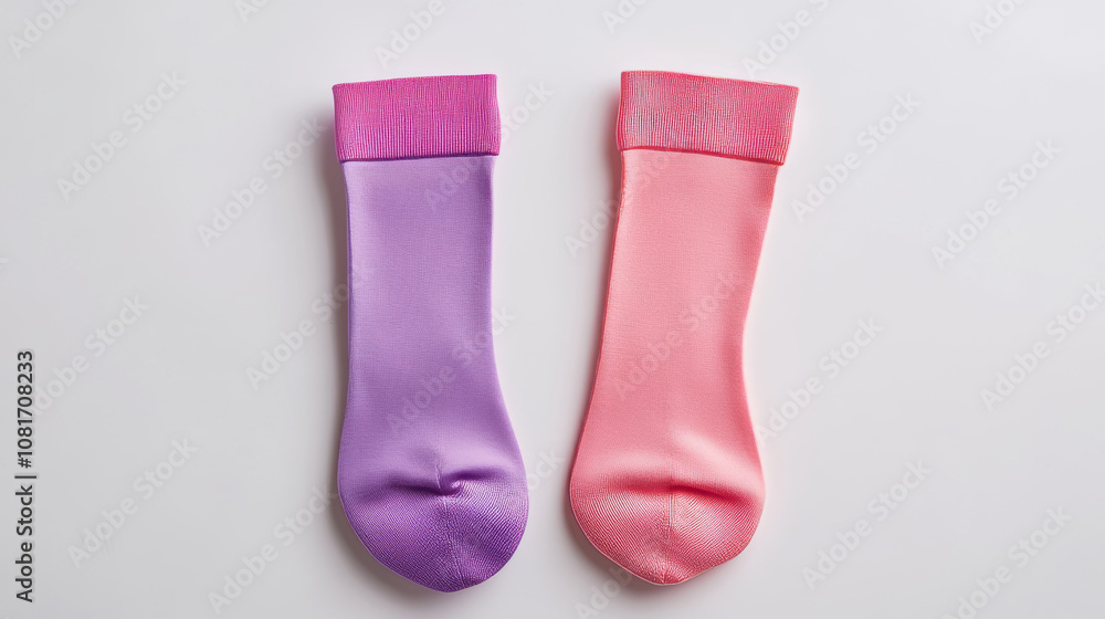 Two pairs of plain socks in shades of pink and purple are shown on a white background. These socks are perfect for showcasing designs on a mockup template. Two pairs of plain socks in shades of pink and purple are shown on a white background. These socks are perfect for showcasing designs on a mockup template.