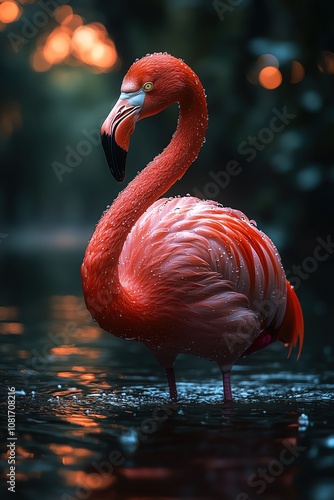 Neonlit flamingo standing in shallow water, moody lighting, side profile