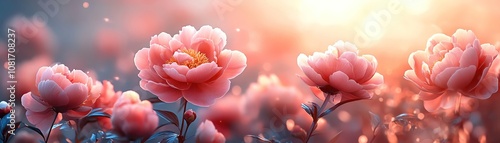 Peony blossoms cascade, soft focus, pastel gradient backdrop, morning light
