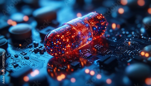Pills on tech circuit board, healthcare innovation, detailed macro, cool blue tones