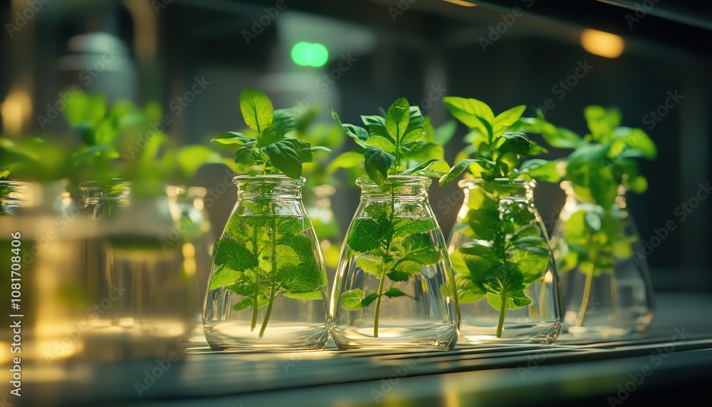 Plant in lab flasks, gentle backlight, clear glass, scientific greenery, tranquil vibe Plant in lab flasks, gentle backlight, clear glass, scientific greenery, tranquil vibe
