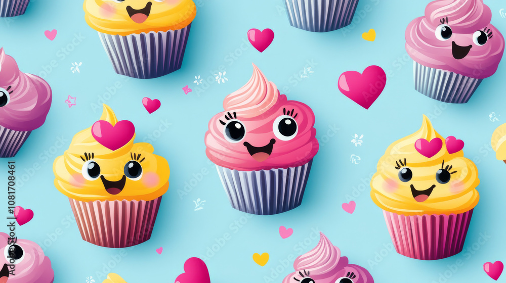 A set of cute cartoon cupcakes with funny faces and winking eyes. They have hearts and are perfect for Valentine's Day. The illustrations are in bright, pastel colors and are ideal for kids. A set of cute cartoon cupcakes with funny faces and winking eyes. They have hearts and are perfect for Valentine's Day. The illustrations are in bright, pastel colors and are ideal for kids.