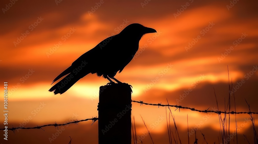 Naklejka premium A crow silhouetted against a fiery sunset, perched on a wooden fence post with barbed wire.