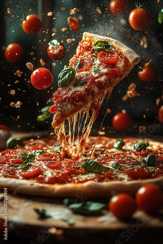 Pizza with fresh tomatoes, basil, and spices flying in midair, vibrant and delicious scene