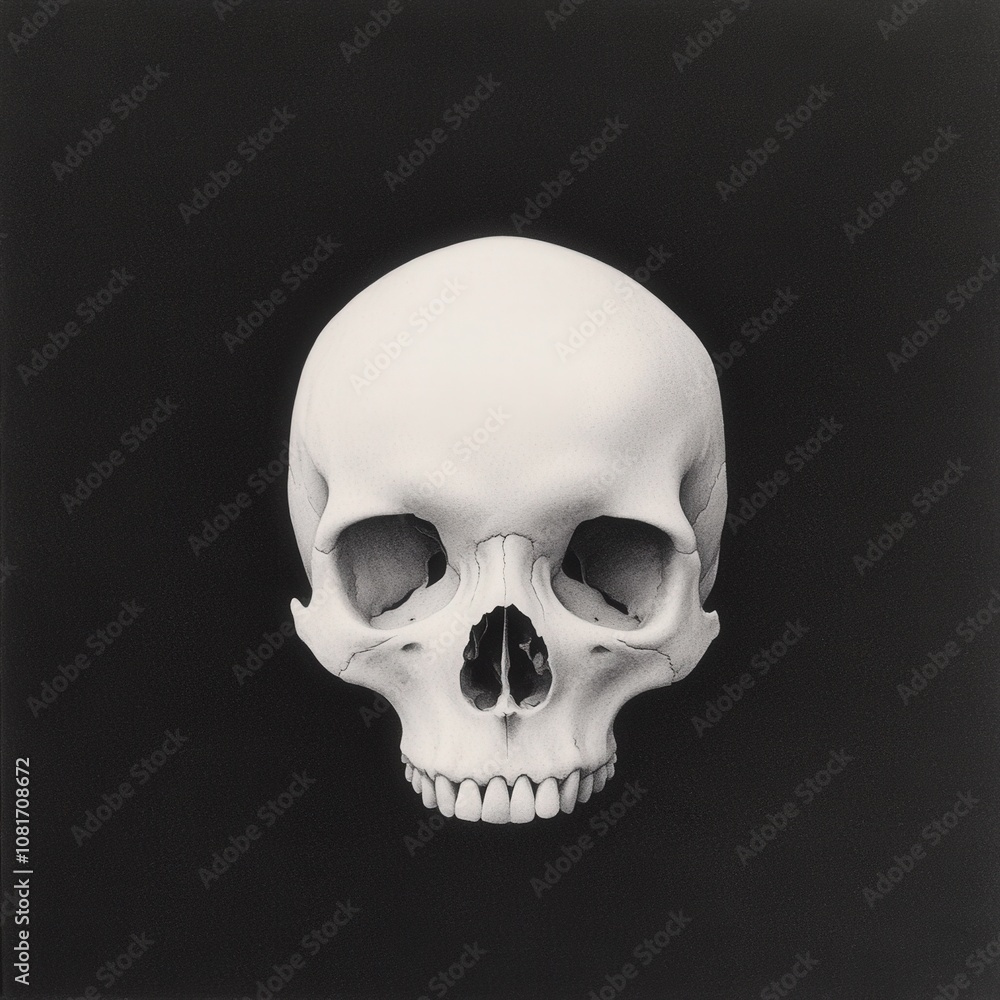 A detailed view of a human skull against a dark background. A detailed view of a human skull against a dark background.