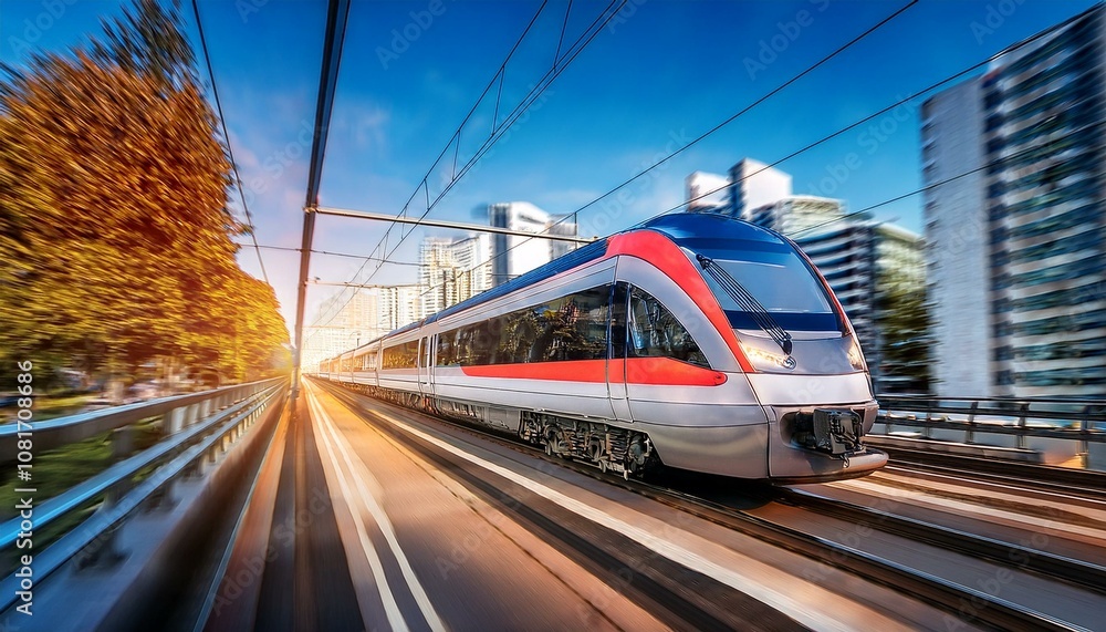 Naklejka premium electric passenger train Drive at high speed amidst the urban landscape.
