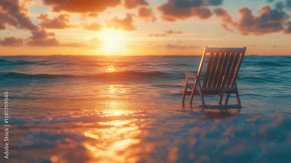 Empty beach chair at sunset golden hour ocean view Empty beach chair at sunset golden hour ocean view
