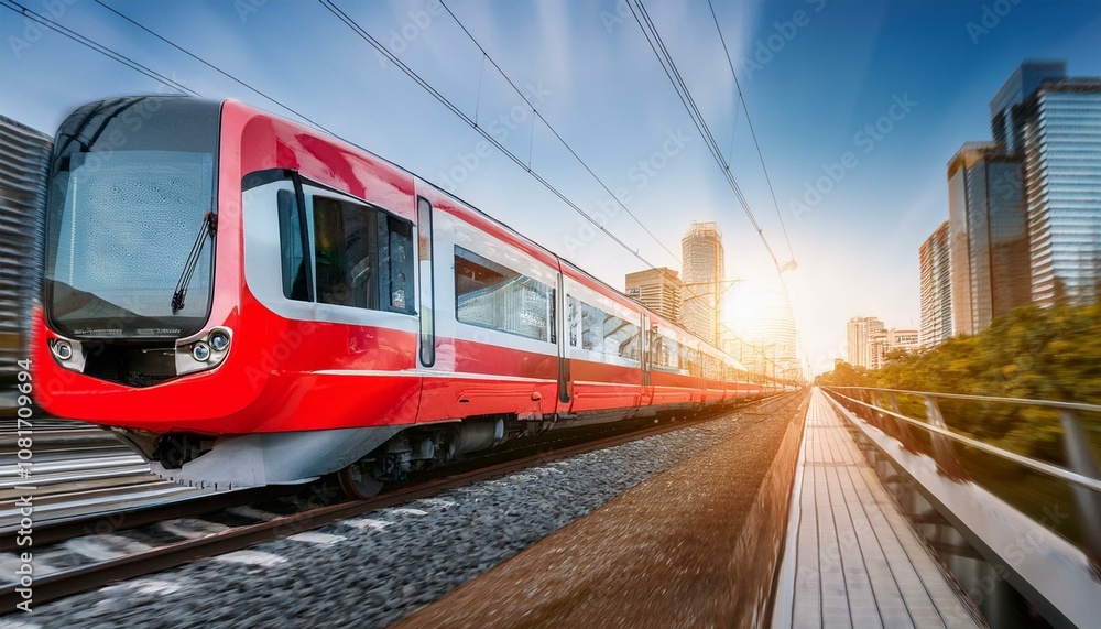 Fototapeta premium electric passenger train Drive at high speed amidst the urban landscape.