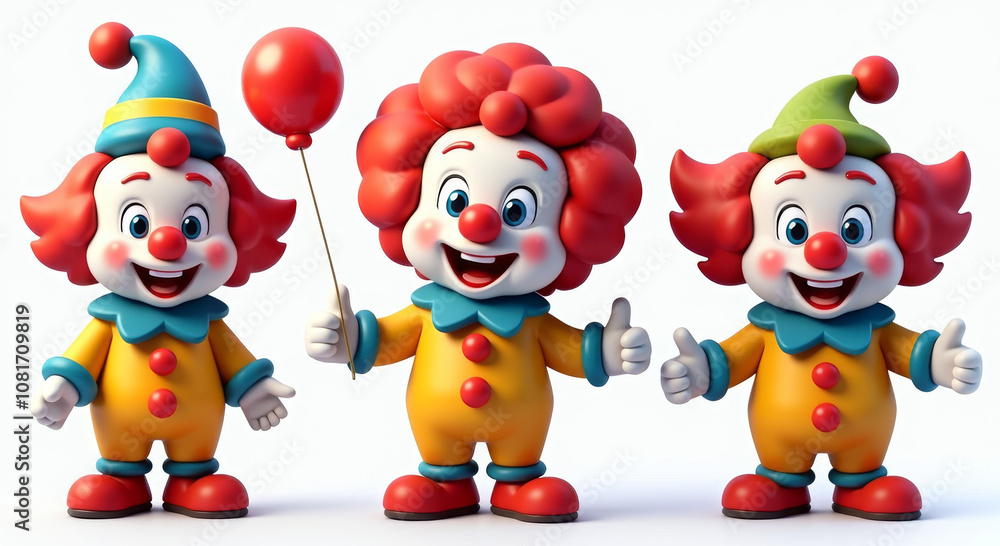 Fototapeta premium Colorful Clown Trio Illustration with Red Balloon - Cheerful Cartoon Characters for Parties, Celebrations, and Carnival Themes