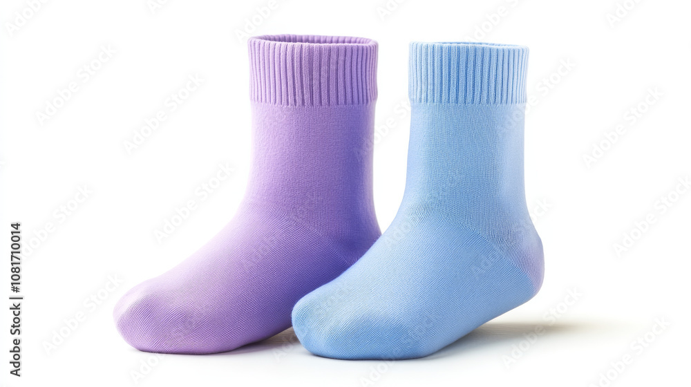 Two pairs of plain socks, in pastel shades of blue, purple, and violet, are shown against a white background. These are perfect for showcasing designs on socks. Two pairs of plain socks, in pastel shades of blue, purple, and violet, are shown against a white background. These are perfect for showcasing designs on socks.