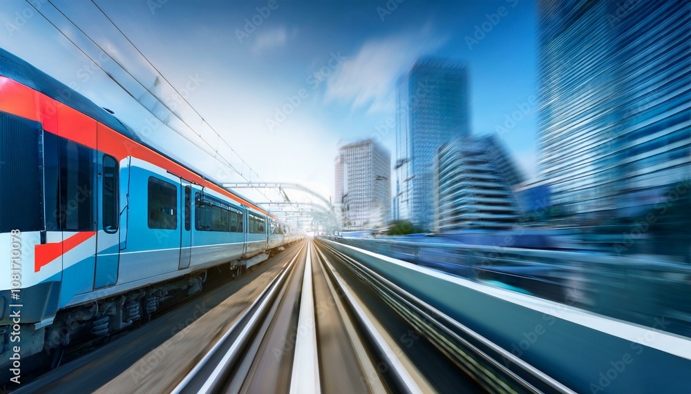 electric passenger train Drive at high speed amidst the urban landscape. electric passenger train Drive at high speed amidst the urban landscape.