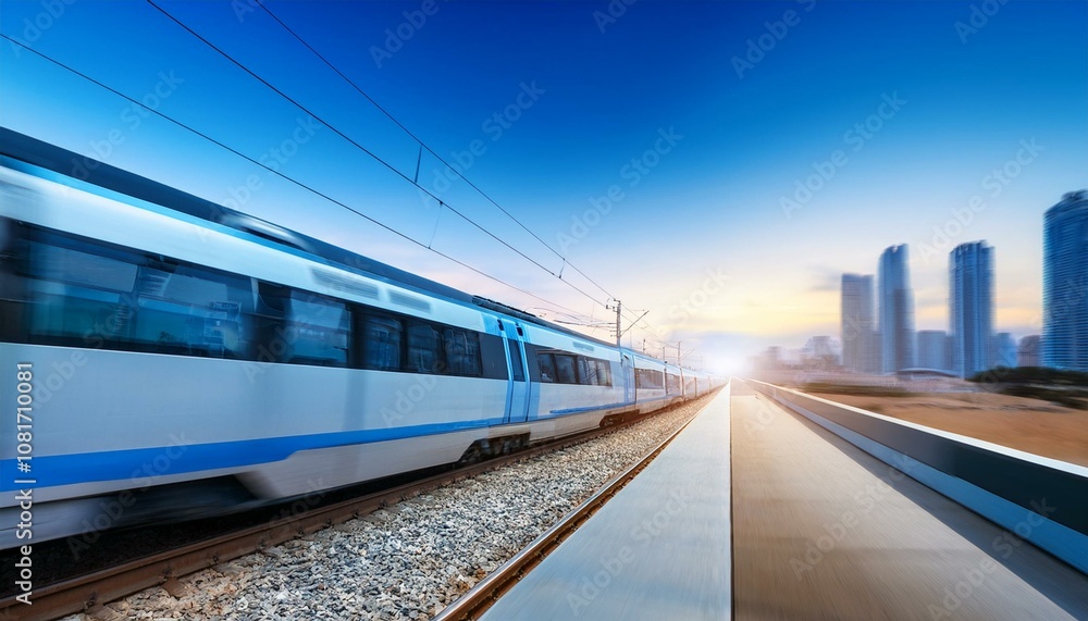 Fototapeta premium electric passenger train Drive at high speed amidst the urban landscape.