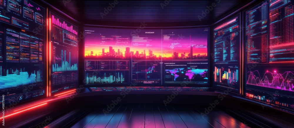 A futuristic control room with screens displaying data, graphs, and a city skyline. A futuristic control room with screens displaying data, graphs, and a city skyline.