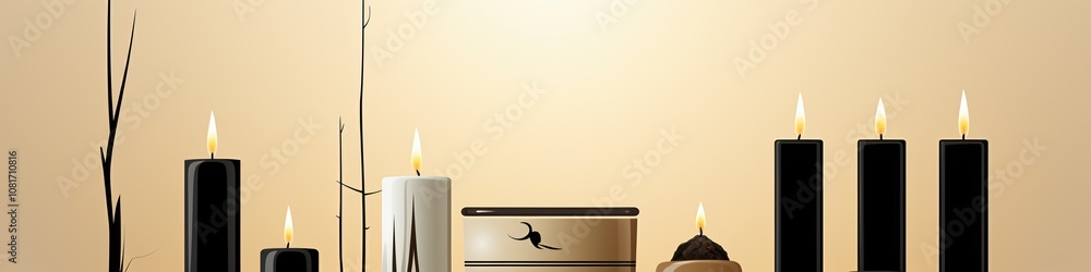 A row of candles lit and arranged with a decorative box and twigs on a beige background. A row of candles lit and arranged with a decorative box and twigs on a beige background.