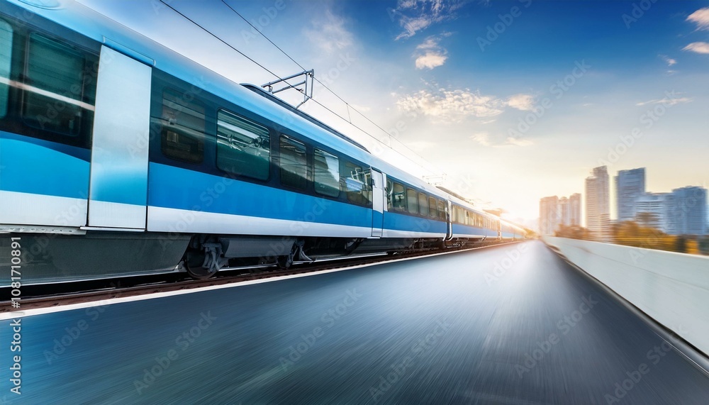 Naklejka premium electric passenger train Drive at high speed amidst the urban landscape.